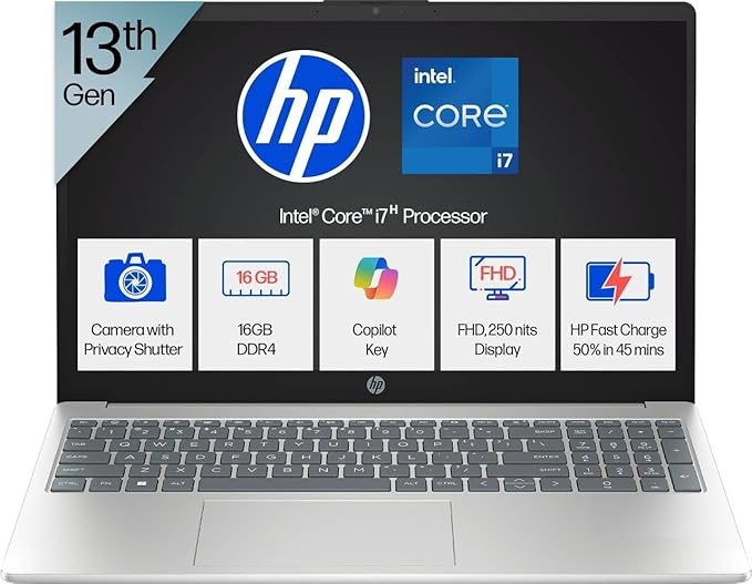 HP 15, Intel Ci7-13620H 13th Gen Laptop (16GB DDR4, 512GB SSD) Anti-Glare, Micro-Edge, 15.6''/39.6cm, FHD, Win11, M365 Basic(1yr), Office Home24, Silver,1.65kg, FHD Camera W P. Shutter, Backlit