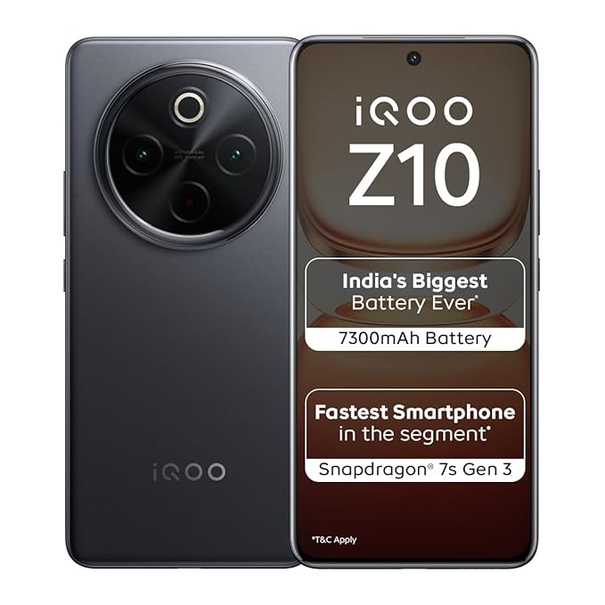 iQOO Z10 5G (Stellar Black, 8GB RAM, 128GB Storage) | Snapdragon 7s Gen 3 | 7300mAh Battery | Quad-Curved AMOLED 120Hz