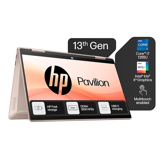 HP Pavilion x360, 13th Gen Intel Core i7-1355U (16GB DDR4, 512GB SSD) FHD, IPS, 14''/35.6cm, Touchscreen 2-in-1, Win 11, M365 Basic(1yr)* Office 24, Rose Gold, 1.5kg, ek1152TU, Backlit Laptop