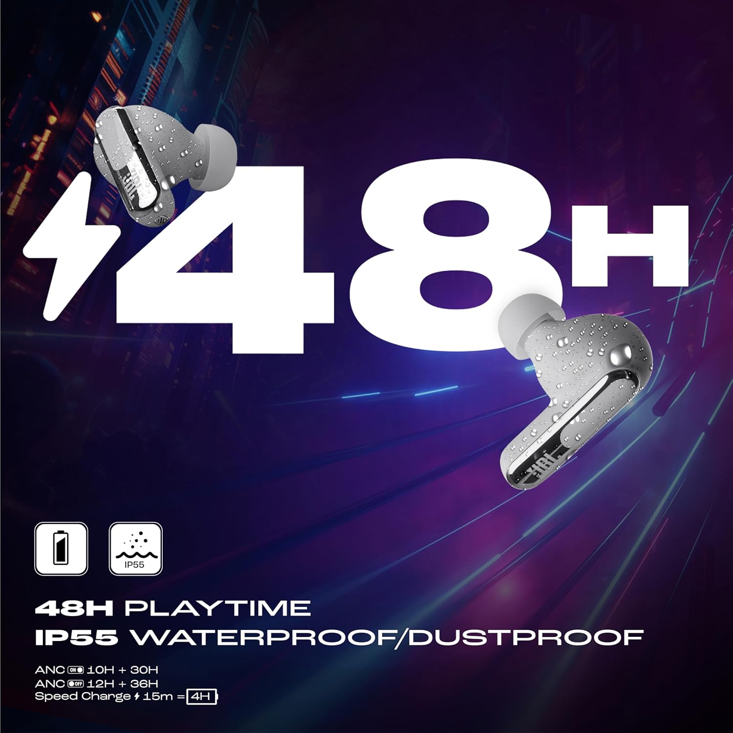 JBL New Launch Live Beam 3 TWS,Hi-Res Audio True ANC Earbuds,Smart Case with Touch Display,48H Playtime,Wireless Charging,6 Mic,Multipoint Connection,Ip55 Proof, Headphones App,Personi-Fi 3.0 (Silver) - Image 5