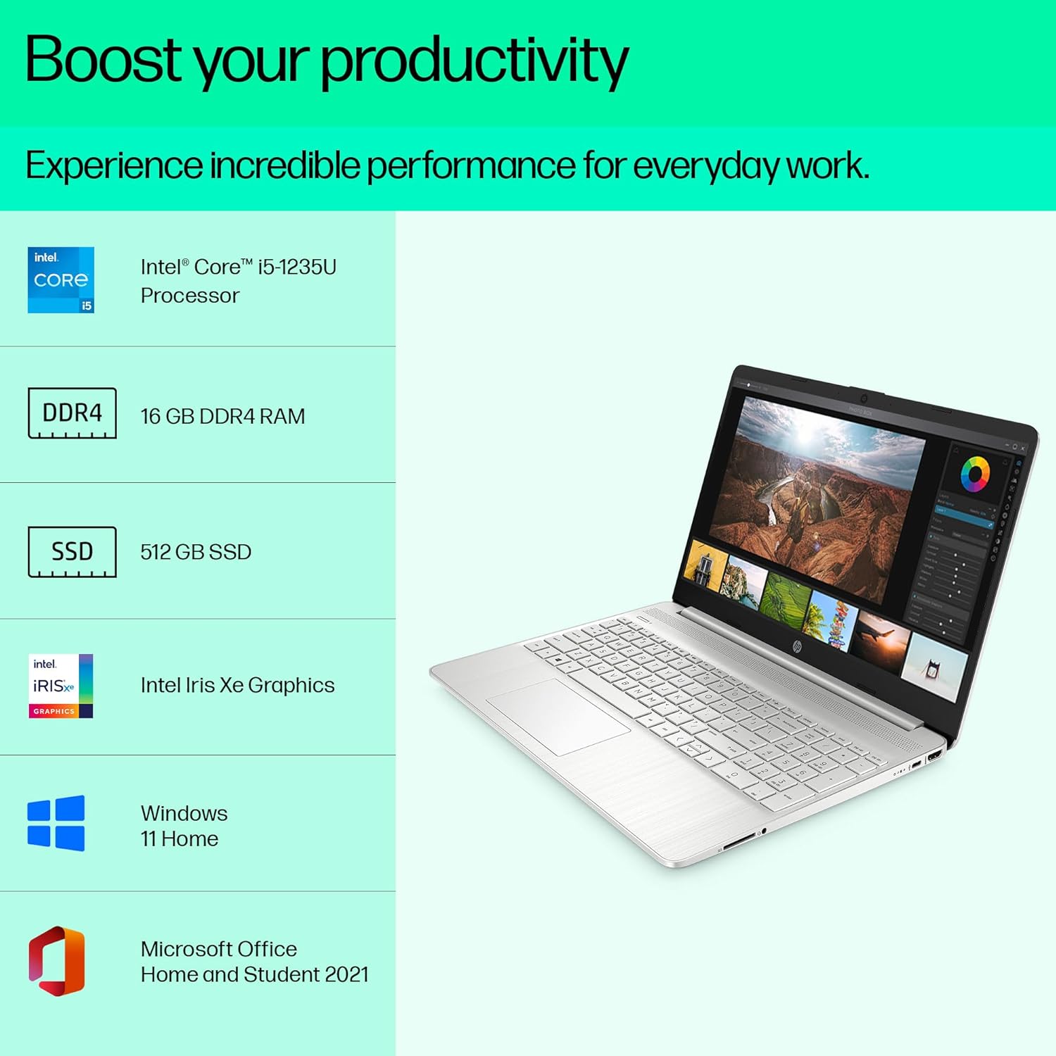 HP 15s, 12th Gen Intel Core i5 16GB RAM/512GB SSD 15.6-inch(39.6 cm) Micro-Edge Anti-Glare FHD Laptop/Win 11/Intel Iris Xe Graphics/Dual Speakers/Alexa/Backlit KB/MSO/Fast Charge, 15s- fq5112TU - Image 3