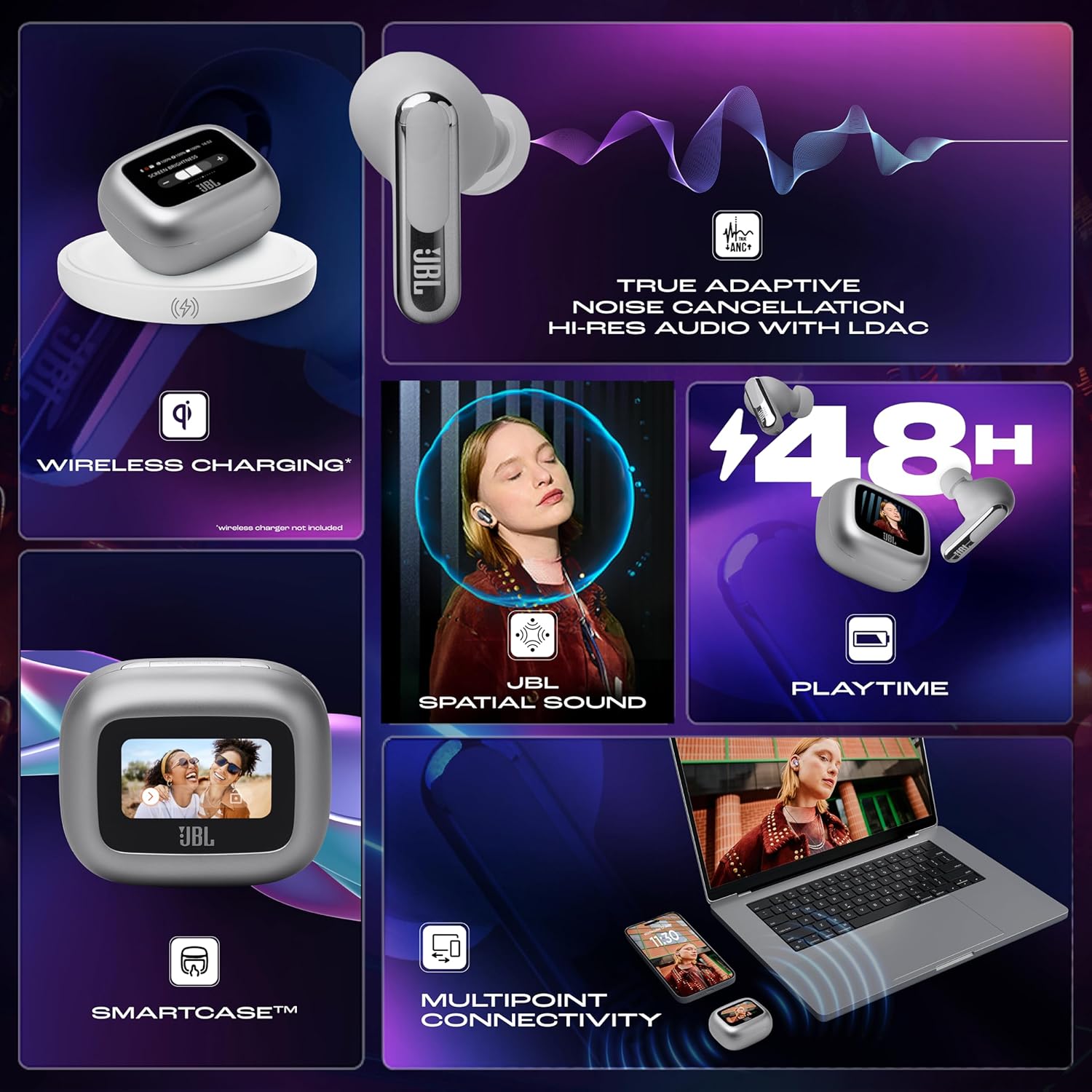 JBL New Launch Live Beam 3 TWS,Hi-Res Audio True ANC Earbuds,Smart Case with Touch Display,48H Playtime,Wireless Charging,6 Mic,Multipoint Connection,Ip55 Proof, Headphones App,Personi-Fi 3.0 (Silver) - Image 2