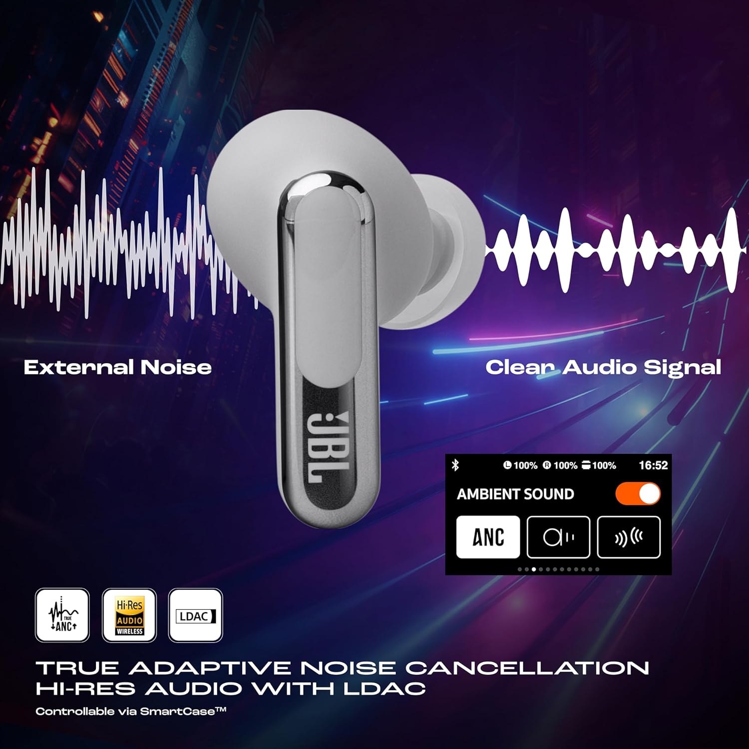 JBL New Launch Live Beam 3 TWS,Hi-Res Audio True ANC Earbuds,Smart Case with Touch Display,48H Playtime,Wireless Charging,6 Mic,Multipoint Connection,Ip55 Proof, Headphones App,Personi-Fi 3.0 (Silver) - Image 3